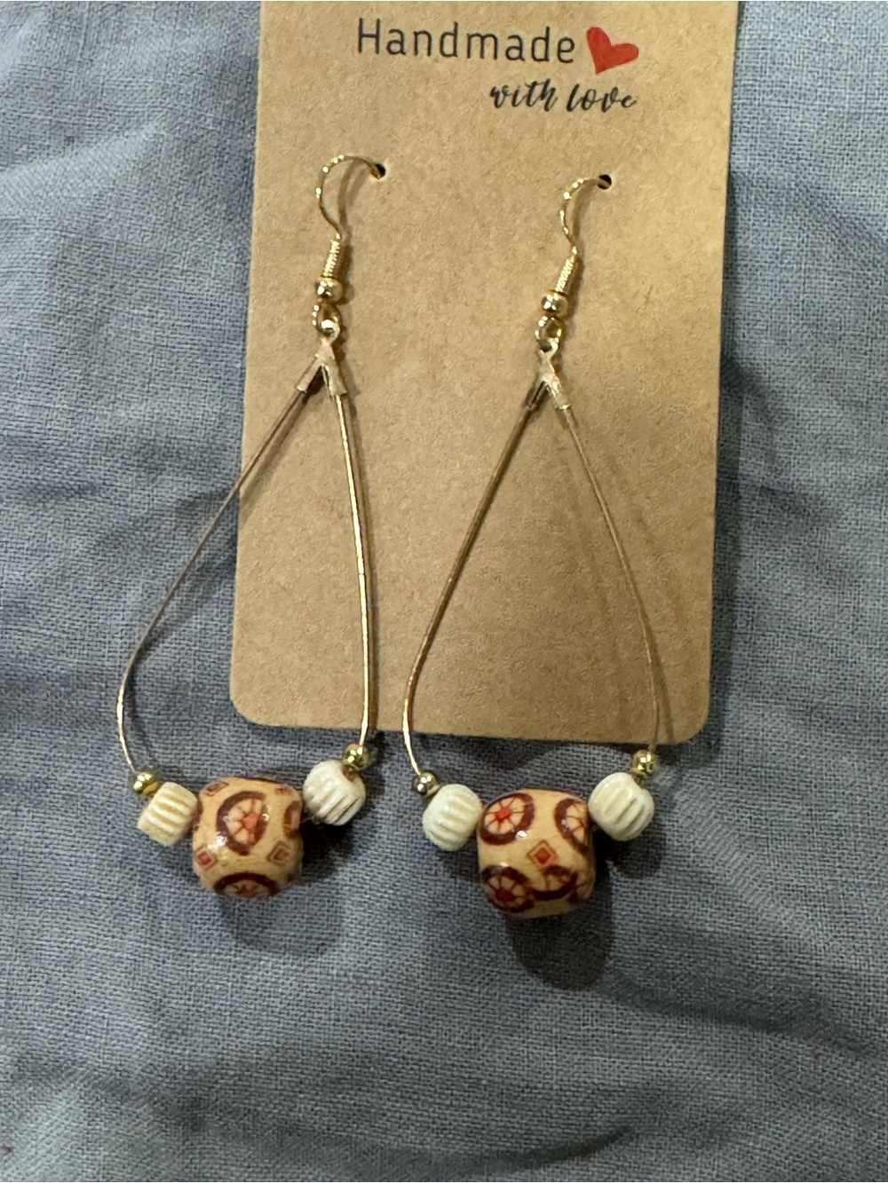 Gold Dangle Earrings with Cream & Brown Patterned Beads